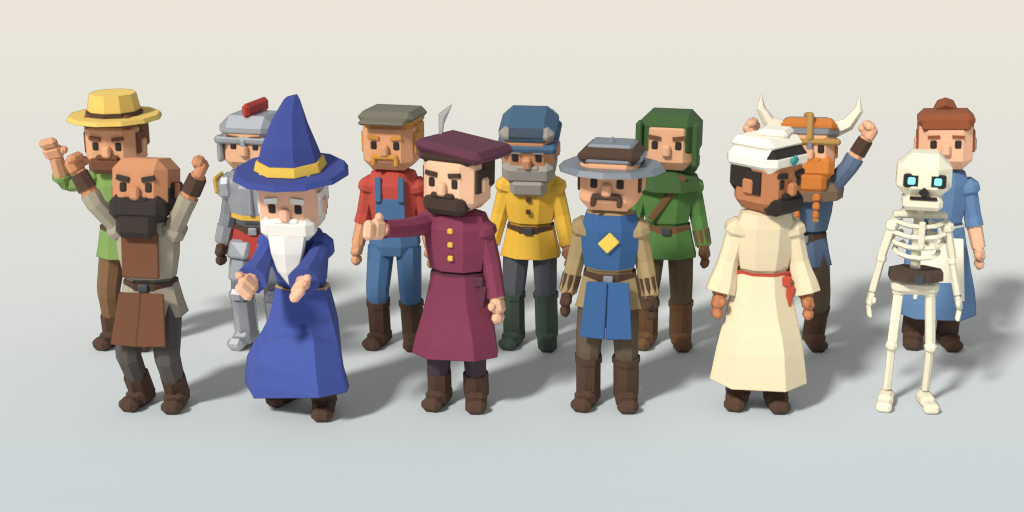 Animated Characters Pack – all 23 assets, rendered low-poly 3D preview